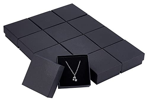 NBEADS 12 Pcs Cardboard Jewelry Set Box, for Ring, Necklace, Square, Black, 7x7x3.5cm