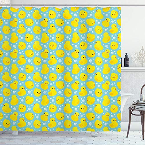 ABAKUHAUS Badeente Duschvorhang, Bubbles Ducks, Stoffliches Gewebe Badezimmerdekorationsset mit Haken, 175 x 180 cm, Türkis Gelb Orange
