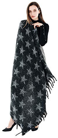 UK_Stone XXL Schal Damen Übergroßer Halstuch Stern Muster Damenschal Warm Winterschal mit Quaste aus Imitat-Pashmina für Xmas, Schwarz