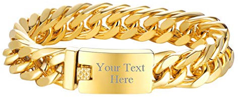 PROSTEEL Armkette personalisiert 21cm Herren Panzerkette Armband Name Texte Gravur 18k vergoldet 16,5mm schwer Gliederkette Hip Hop Rapper Stil Armschmuck Accessoire für Männer Jungen Vatertag