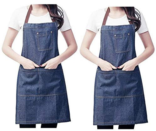 JZK 2 x Jeans Einstellbar Wasserdicht Schürze Kochschürze Mit großen Taschen Für Männer Frauen für Küche Garten BBQ Chef Kellner