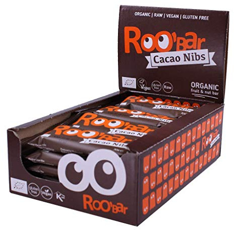 Roobar Cacao nibs - 100% Organic Vegan Raw Bar with Superfoods for Optimum Nutrition. Dairy & Gluten Free, No Added Sugar - 20 x 30g Raw Bars