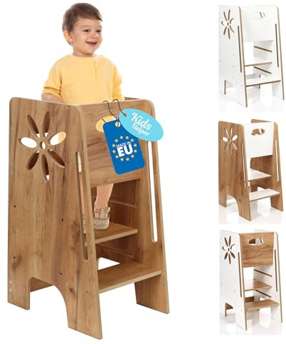 Kitchen Kids Helper Lernturm ab 1 Jahr - Höhenverstellbarer Lernturm Montessori Eiche 80cm - Sicherer Learning Tower für Kinder - Ideal für Küche & Bad - Stabile Konstruktion - Leichter Aufbau