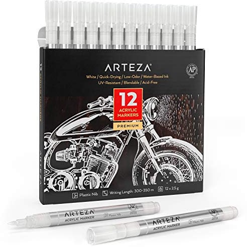 ARTEZA 12 White Acrylic Paint Pens, Long Lasting Outdoor Acrylic Paint Markers with Plastic Nib, Paint On Metal, Canvas, Rock, Ceramic Surfaces, Glass, Wood, Fabric, and Pumpkin Decorating