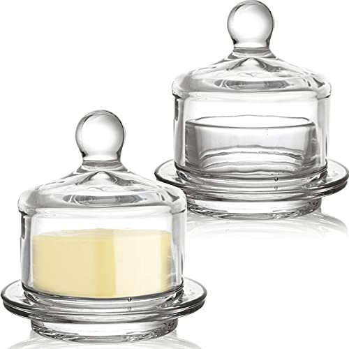 Dicunoy 2 Pack Glass Butter Dishes, Small Round Keeper with Dome Lid and Handle, Mini Cloche Holder with Lid, Clear Serving Container with Cover, Crystal Mini Cloche for Candy, Dessert, Parfait, Jam