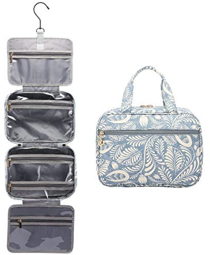 Kulturtasche Damen, LOVEVOOK wasserdichte Kulturbeutel zum Aufhängen, Faltbare Waschtasche Kosmetiktasche Groß mit 360°Drehbare Haken Blau-blätter