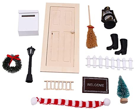 ISAKEN Wichteltür Weihnachten Set DIY Weihnachten Puppenhaus-Set Wichtel Tür Stiefel Petroleumlampe Eimer Weihnachtsbaum Blumengirlande Besen Briefkasten Weihnachtsmütze Schal Holzleiter Fußmatte