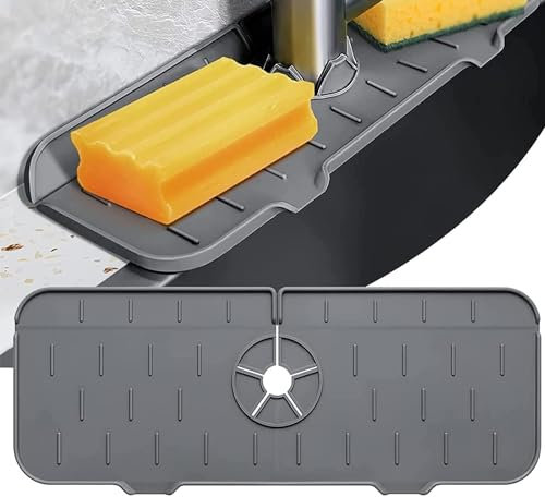 YIIAMOAHC Kitchen Sink Splash Guard, Silicone Faucet Handle Drip Catcher Tray, Faucet Splash Catcher, Silicone Deflector Under The Faucet, Keep Kitchen and Bathroom Sinks Dry(Grey)