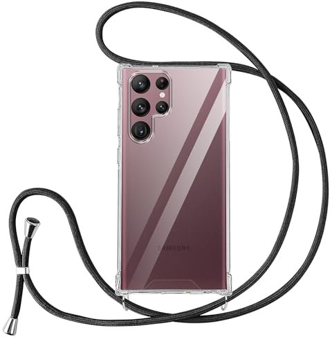 Vauki Coque pour Samsung Galaxy S22 Ultra 5G avec Cordon de Collier,Silicone Transparent TPU+PC Bumper Protection Étui Lanyard avec Sangle Réglable Chaîne Case pour Samsung S22 Ultra 5G