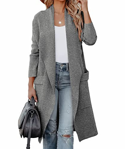 kinstell Women's Casual Long Sleeve Open Front Knit Draped Long Cardigan Jackets Sweater Coat Blazer with Pockets Grey