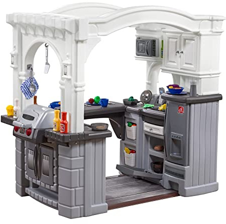 Step2 Grand Walk-in Kitchen & Grill Kids Playset, Indoor/Outdoor Kitchenette, Interactive Play with Lights and Sounds, Durable Plastic, 103 Piece Toy Accessories, Toddlers 2+ Years Old, Gray/White