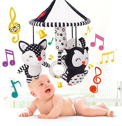 OBEST Mobile Musik Wiege für Babys im von 0-5 Monaten, 360° Drehbare Musik Wiege Uhr mit Sanfter Melodie, Elefant/Eule/Maus Kinderwagen Spielzeug für Sinnesentwicklung und Geschicklichkeitsentwicklung