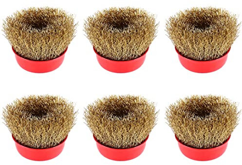Draht-Topfbürste, 6 Stück, entfernt Rostbürste, rotierende Messingstahldrahtbürste für Bohrer, Messingbeschichtung, Stahl, Crimpdraht, M14, Winkelschleifer, entfernt Rost, 65 mm