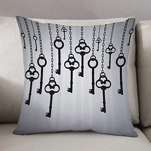 Cushion Covers 50 x50cm Square Throw Pillow,Antique Set,Silhouettes of Old Keys Hanging Chain Links Unlocking Secure,Decorative Sofa Cushion Covers for Bedroom Couch Living Room with Invisible Zipper