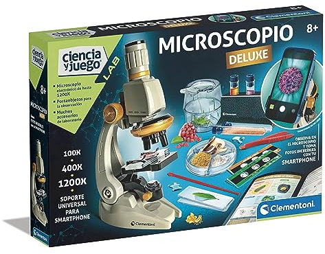 Clementoni - Smart Deluxe Mikroskop 1200x Vergrößerung Wissenschaftliches Spielzeug mit vorbereiteten Proben und wissenschaftlichen Kristallen mit Handyhalter, ab 8 Jahren, Spielzeug auf Spanisch