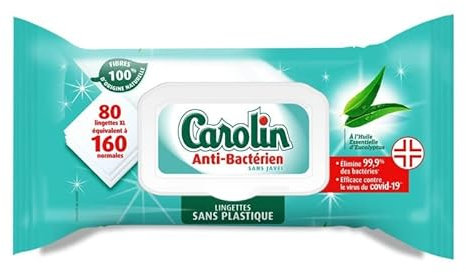 CAROLIN Lingettes Maxi Anti-Bactérien à l'Huile Essentielle d'Eucalyptus - 80 Lingettes pour une Maison Saine et Fraîche - Lot De 3 - Vendu Par Lot