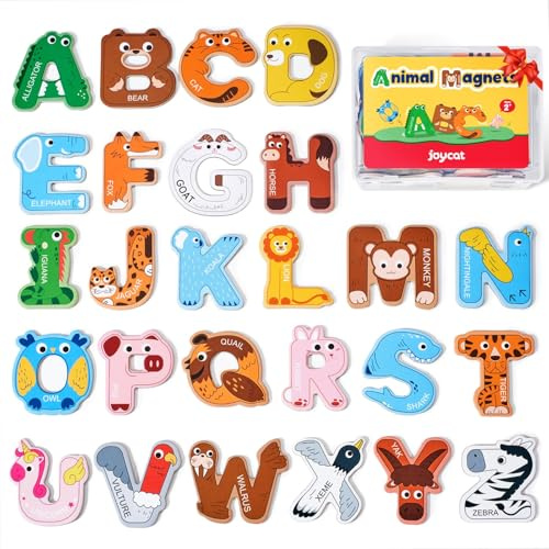 JoyCat Wooden Thick Alphabet Magnets for Toddlers Fridge Cute Animal | Large Size Colorful ABC Magnetic Letters 26 Uppercase Letters Educational Toy Set for Kids Preschool Learning Spelling