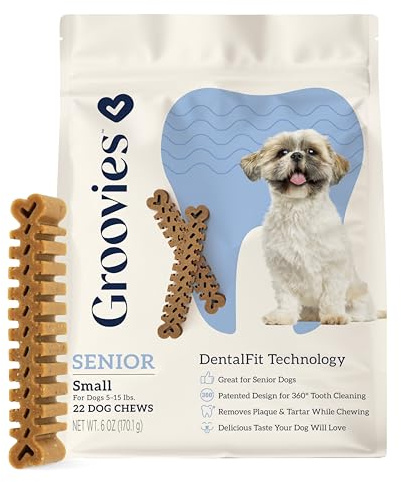 Groovies Senior Small Dog Dental Chews for Dogs, Patented DentalFit Technology for Plaque & Tartar Support, Flexible Texture for Easy Chewing, Chicken Flavor, USA Manufactured, 5–15 lb Dogs,22 Count