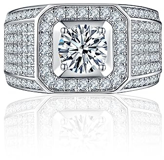 Bling Jewelry Klarer AAA CZ Statement Halo Quadrat Prinzessschliff Solitär Herren Verlobungs- und Ehering mit breitem Micro-Pavé-Band versilbert anpassbar