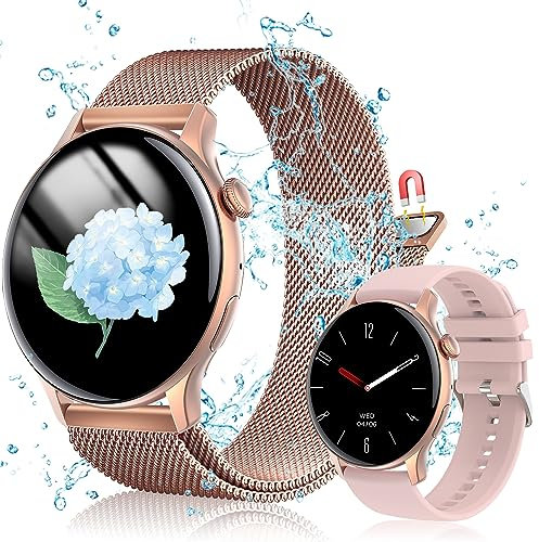 JANOLTY Montre Connectée Femme Homme(1,43 AMOLED-Display, 2 Bracelets de Montre, étanche IP68) Numérotation Fonction D'appel Montre Sport, App Notification, SpO2, Heart Rate for iOS Android (Rose)