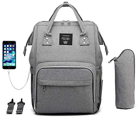 Atsabdas Wickeltasche Rucksack für Mama Papa, Mutterschaft Wickeltasche Wickelrucksack mit Kinderwagengurten, GRAU