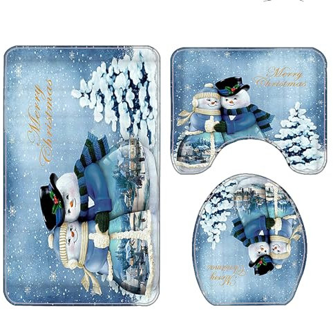 NEWSUYAA Christmas Bathroom Rugs Set,3 Pcs W/Toilet Seat Cover Area Mats Xmas Santa Claus Snowman Bathroom Decorations Funny Xmas Indoor Décor (Blue), SDJ001-US-2
