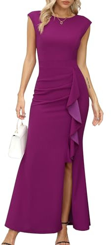 Missufe - Vestido de fiesta maxi para mujer, de noche, con mangas de ala y abertura, corte de sirena, bodycon, para bodas, cócteles, bailes, morado, M