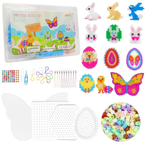 JSTC Bügelperlen Ostern Platten Set, Ei Hase Schmetterling Basteln mit 2500 Steckperlen 4 Steckplatte 12 Muster Vorlagen Stiftplatte Zubehör für Kinder Jungen Mädchen Geschenk