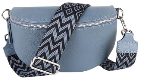 MIRROSI® Bauchtasche Damen, Echtleder, Made in Italy, Umhängetasche, Brusttasche, Crossbody Bag (1 Tasche & 2 Gurte) (Jeansblau (Bohemian Jeansblau Schwarz), Mittelgroße Tasche (25x16x7cm))