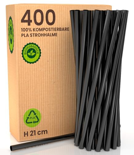 400 Ökologische 100% Wiederverwendbare Strohhalme aus Starrem Biokunststoff 21cm x 6mm Made in Italy Biologisch Abbaubar und Kompostierbar für Getränke Cocktails Veranstaltungen Partys Farbe Schwarz
