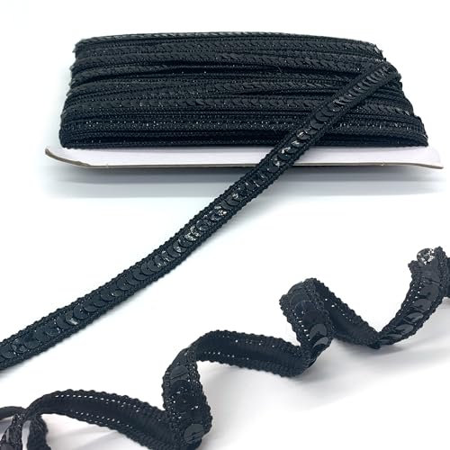 DHER 25 Meter Pailletten-Dekorband, 12 mm Glitzer Paillettenband, Paillette Trim Bänder, Pailetten Bordüre Stoff, glitzerndes Paillettenband (Schwarz)
