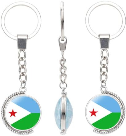 vmcoatdu Schlüsselanhänger mit Nationalflagge, doppelseitig, drehbar, Geschenk für Männer und Frauen, Edelstahl, Glas, Dschibuti, Einheitsgröße