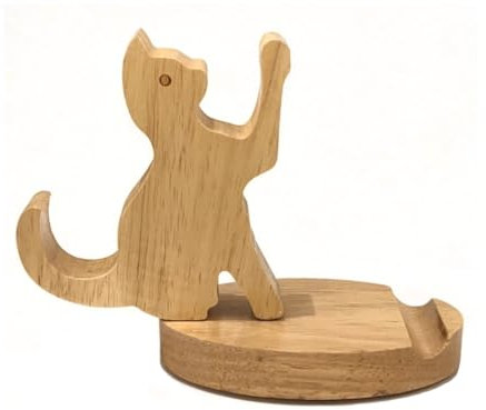 MILUNN Wooden Cat Phone Stand Mobile Phone Holder, Desktop Cell Phone Tablet Stand Universal for All Smart Phones, Office Desk Decoration, Great Gift for Cat Lover Animal Lover