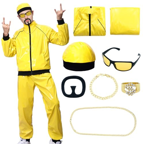 90er Jahre Promi-Kostüm für Herren Rapper Verkleidung Hip Hop Retro Hippie Stil Outfits mit passendem Hut Sonnenbrille Popstar Verkleidung für 90er Jahre Mottoparty (M)