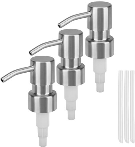 3Pcs Stainless Steel Soap Pump Replacement, Lotion Dispenser Pump Head Spare, Leakproof 28 Teeth Press Pump, Shampoo Conditioner Bottle Nozzle, Pump Heads with Thread Tubes for Kitchen Bathroom (A)