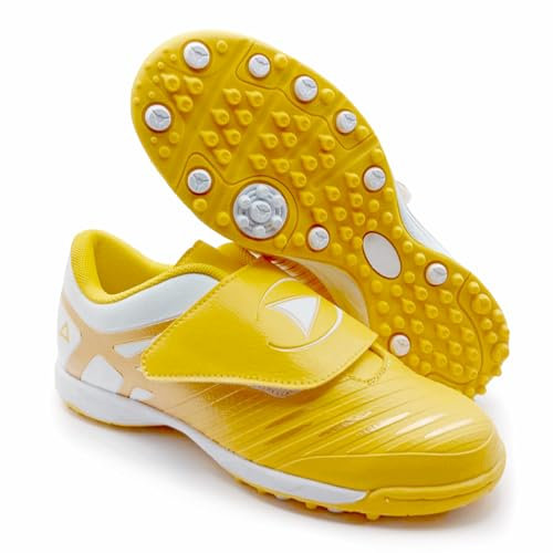 Zapatillas de Fútbol para Niño sin Cordones Césped Sintético MicroTacos Botas de Futbol Ninos (Amarillo Dorado Blanco, Sistema Tallas Calzado EU, Niño (2-5 años), Números, Mediano, 30)