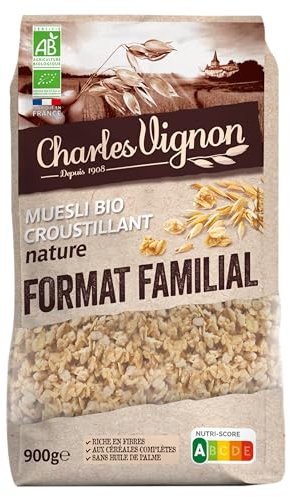 Charles Vignon – Muesli Bio Croustillant Nature – Format Familial 900 g - Céréales Complètes, Sans Huile de Palme, Riche en Fibres, Sachet Refermable