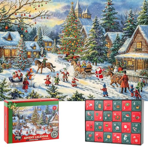 Advent Calendar 2024 Christmas Jigsaw Puzzles for Kids Adults, 24 Days 1008 Pieces Christmas Countdown Puzzles, Great Stocking Stuffer Xmas Gifts Idea Home Decor-Christmas Village
