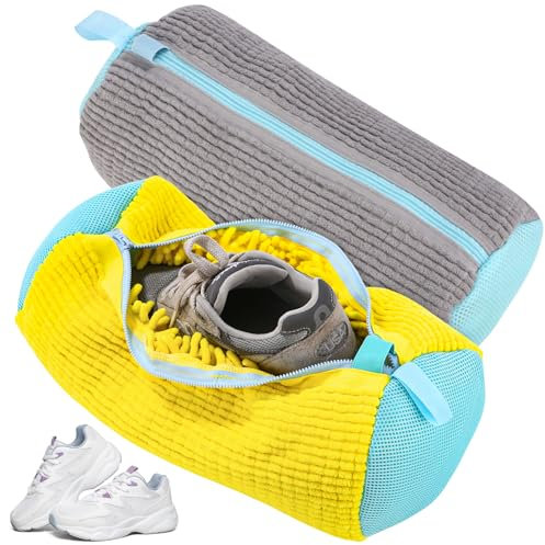 Bixury Bolsa Lavadora Zapatillas 2 Piezas, Bolsa para Lavar Zapatillas en Lavadora, Bolsas para Lavar Zapatos Protege los Zapatos e los Daños, con Pelusa de Limpieza a 360° (Amarillo/Grisáceo)