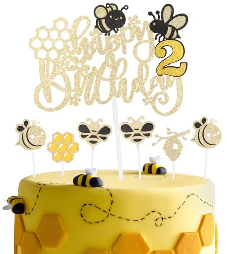 Honeybee Birthday Cake Toppers,Girls Boys 2nd Birthday Party Decorations,Glitter Happy 2nd Birthday Cake Toppers, Cute Yellow Bee Cake Cupcake Toppers for Honey Bee Themed Party Decorations Supplies
