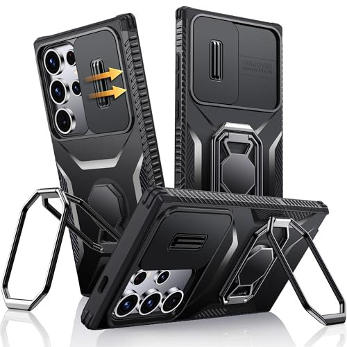 XYZ für Samsung Galaxy S23 Ultra Hülle mit Schiebekamera Abdeckung, Handyhülle Doppelring Ständer, Schwerlast Stoßfestes Robustes Stoßfänger SchutzHülle Samsung S23 Ultra Case - Schwarz