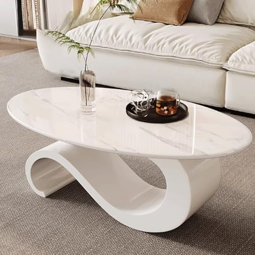 GUQASDV Couchtische Wohnzimmer, Beistelltisch Couch, Wohnzimmertisch Modern, Tisch Wohnzimmer Klein Oval aus Schiefer + Eisen für Veranda(White with Texture,Medium)