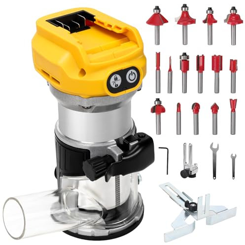 Cordless Compact Router Compatible with Dewalt 20V Battery, 21V 800W Brushless Handheld Palm Routers for Woodworking Hand Edge Trimmer with 15 PCS 1/4 Router Bits Set (No Battery)