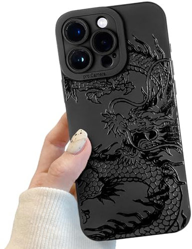 Potok Black Dragon Phone Case for iPhone 15 Pro Max, Black Cute Dragon Pattern for Women Girls, Soft TPU Slim Profile Shockproof Protective Phone Case for iPhone 15 Pro Max