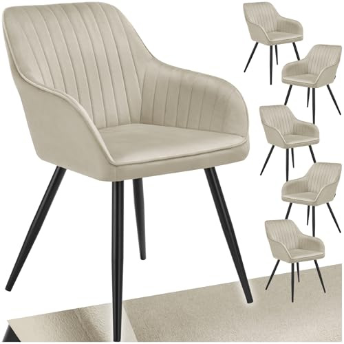 tectake® Samt Stuhl, Esszimmerstuhl mit Samtstoff, Küchenstühle modern, gemütlicher Sessel Wohnzimmer, Armlehnstuhl Esszimmer, Dining Lounge, Schminktisch Stuhl - Creme/schwarz, 6er Set