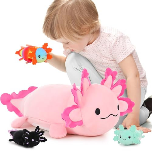 MorisMos 60cm lang riesen Axolotl Kuscheltier XXL mit 3 Baby im Bauch, Rosa groß Axolotl Plüschtier Stofftier, weich Geburtstag Weihnachten Geschenk
