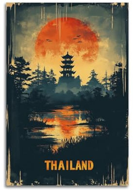 Reiseposter Vintage Thailand Kunstdruck auf Leinwand Moderne Wanddekoration für Wohnzimmer Schlafzimmer 30 x 45 cm ohne Rahmen