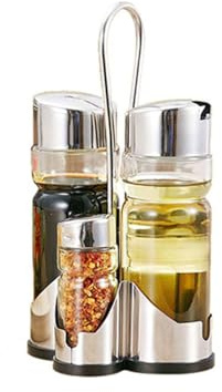 Seasoning Bottle Set Condiment Holder Seasoning Rack Four-in-One Oil Vinegar Dispensers Salt Pepper Shakers Glass Cruet Set with Convenient Caddy Stand Stainless Steel Tops