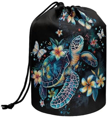 Wnbucioht Blue Sea Turtle Make up Bag for Traveling Drawstring Cosmetic Bag Womens Fashion Travel Stand up Makeup Bag Animal Sea Turtle Print Barrel Drawstring Wash Bag Portable Brush Holder Pouch