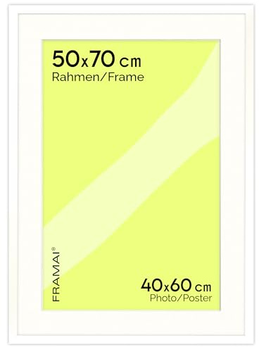 FRAMAI® Bilderrahmen 50x70 cm in Weiß – mit Passepartout – MDF Holzrahmen, bruchsicheres Plexi, umweltfreundlich, mit Aufhängung & Ständer – Hochformat & Querformat